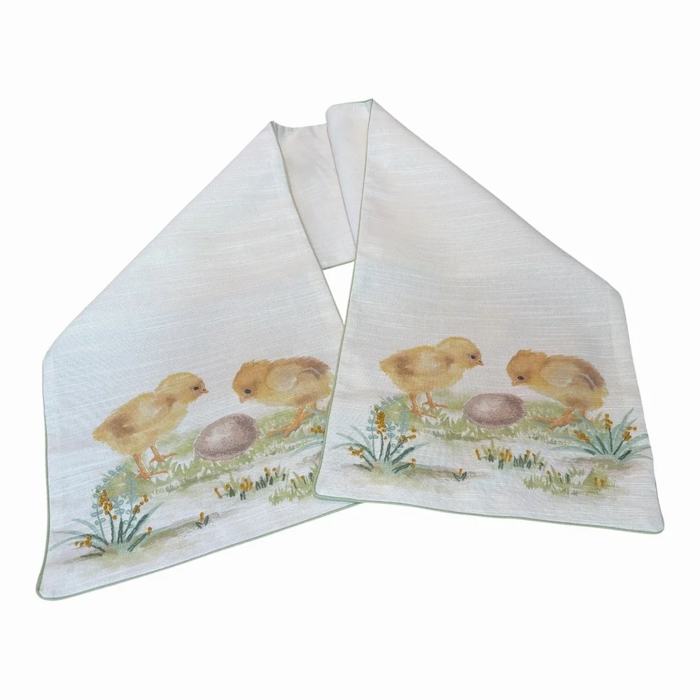 Table Runner Beige Spring Chicks Yellow Green Embroidered 70